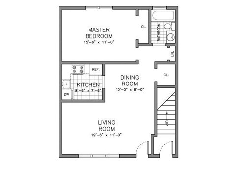 Floor plan for 1 bed, 1 bath, 552 sqft