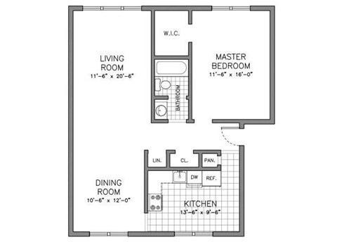 Floor plan for 1 bed, 1 bath, 728 sqft