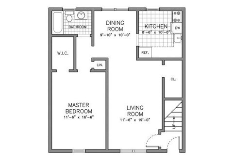 Floor plan for 1 bed, 1 bath, 650 sqft