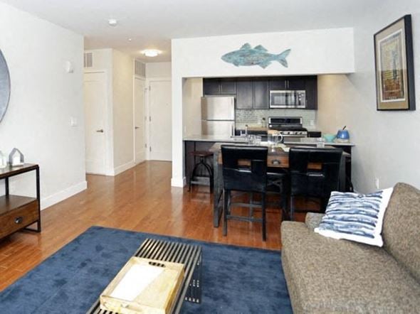 Montclair apartment for rent - a living room and kitchen with a blue rug