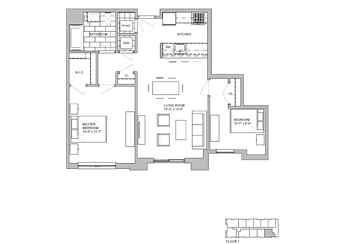 Floor plan for 2 beds, 1 bath, 969 sqft