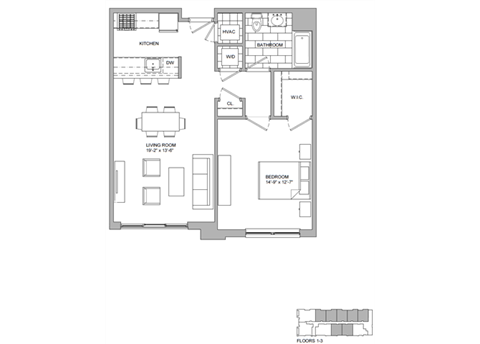 Floor plan for 1 bed, 1 bath, 795 sqft