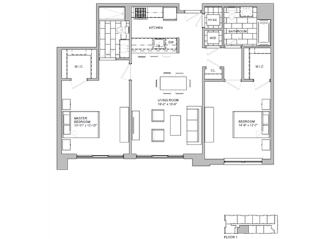 Floor plan for 2 beds, 2 baths, 1130 sqft