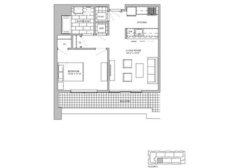 Floor plan for 1 bed, 1 bath, 658 sqft
