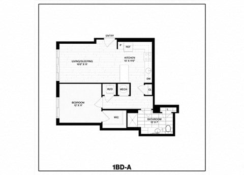 Floor plan for 1 bed, 1 bath, 730 sqft
