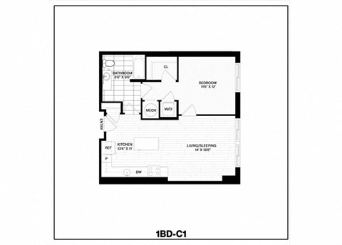 Floor plan for 1 bed, 1 bath, 703 sqft