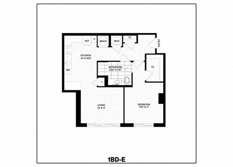 Floor plan for 1 bed, 1 bath, 725 sqft