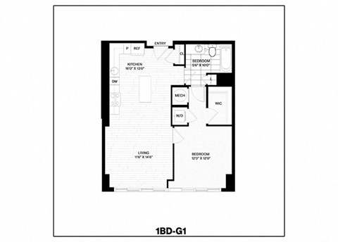 Floor plan for 1 bed, 1 bath, 729 sqft