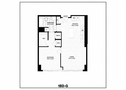 Floor plan for 1 bed, 1 bath, 731 sqft