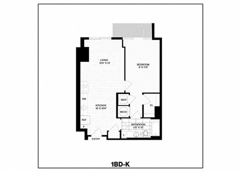 Floor plan for 1 bed, 1 bath, 694 sqft