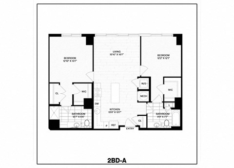 Floor plan for 2 beds, 2 baths, 1064 sqft