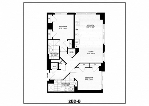 Floor plan for 2 beds, 2 baths, 1033 sqft