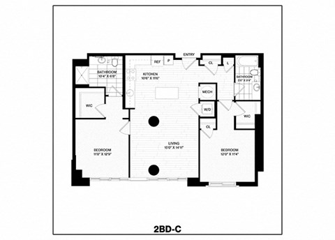 Floor plan for 2 beds, 2 baths, 1074 sqft