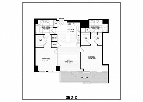 Floor plan for 2 beds, 2 baths, 1106 sqft