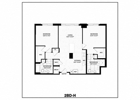 Floor plan for 2 beds, 2 baths, 1067 sqft