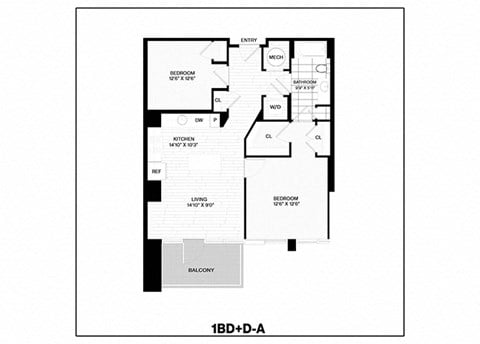 Floor plan for 1 bed, 1 bath, 852 sqft