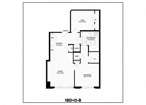 Floor plan for 1 bed, 1 bath, 834 sqft