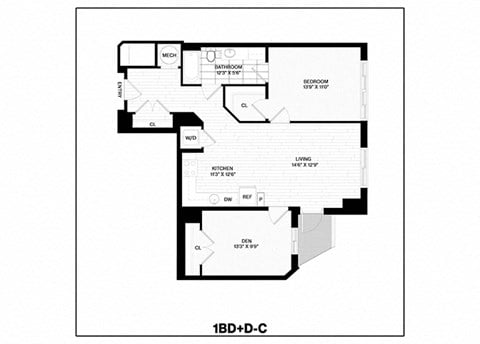 Floor plan for 1 bed, 1 bath, 892 sqft