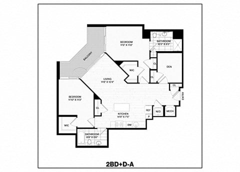 Floor plan for 2 beds, 2 baths, 1113 sqft