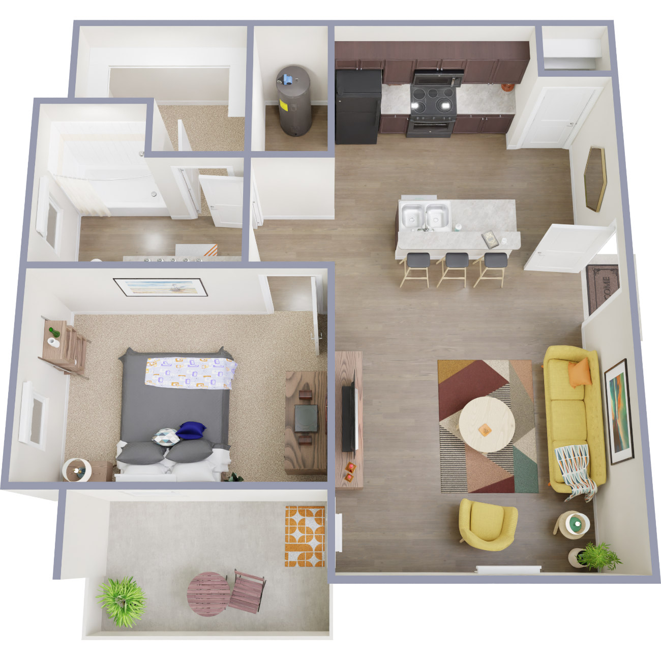 Floor plan for 1 bed, 1 bath, 751 sqft
