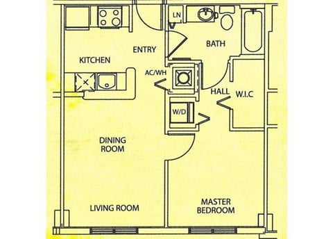Floor plan for 1 bed, 1 bath, 575 sqft