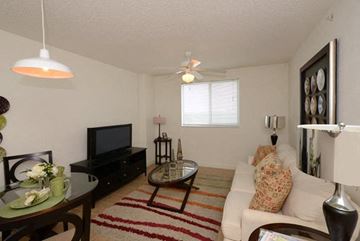 Miami apartment for rent - a living room with a white couch and a television