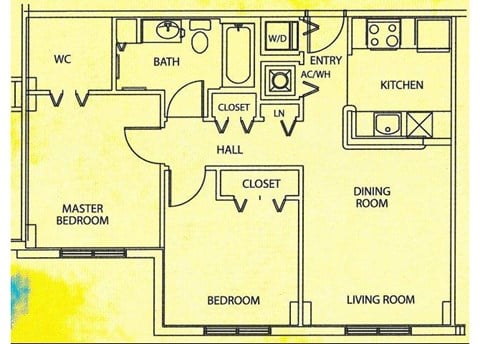 Floor plan for 2 beds, 1 bath, 802 sqft