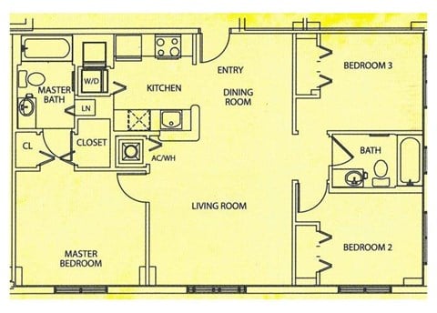 Floor plan for 3 beds, 2 baths, 1063 sqft