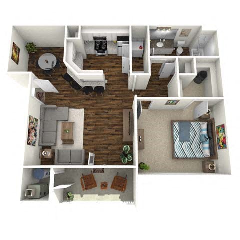 Floor plan for 1 bed, 1 bath, 733 sqft