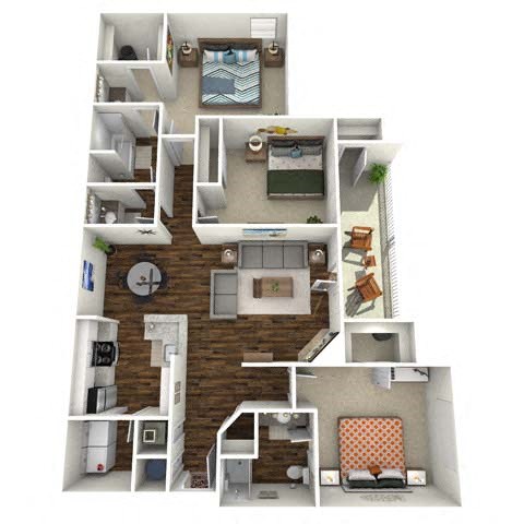 Floor plan for 3 beds, 2 baths, 1294 sqft