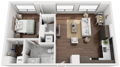 Floor plan for 1 bed, 1.5 baths, 722 sqft