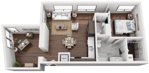 Floor plan for 1 bed, 1.5 baths, 902 sqft