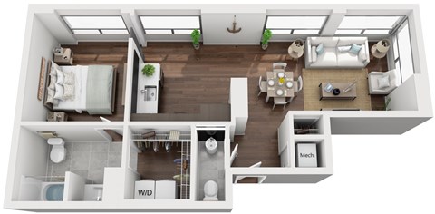 Floor plan for 1 bed, 1.5 baths, 747 sqft