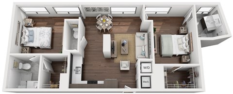Floor plan for 2 beds, 2.5 baths, 973 sqft