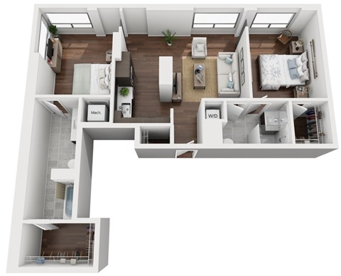 Floor plan for 2 beds, 2.5 baths, 996 sqft