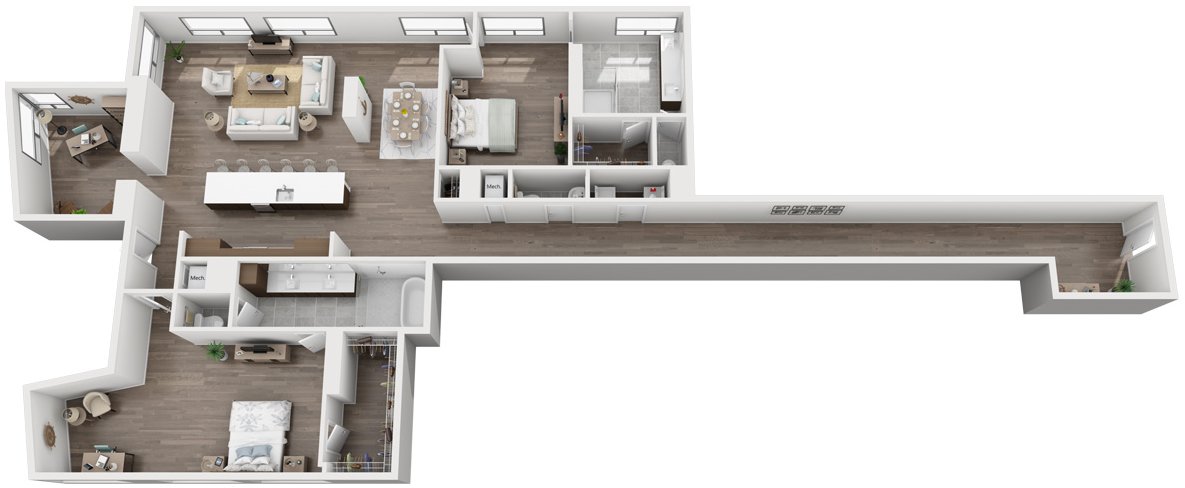Floor plan for 2 beds, 2.5 baths, 2585 sqft