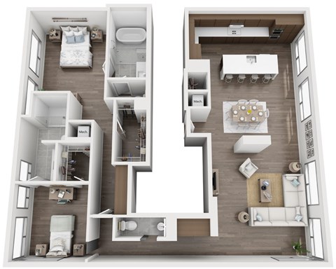Floor plan for 2 beds, 2.5 baths, 1630 sqft