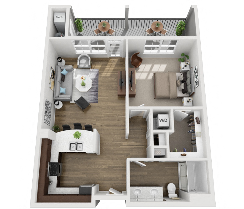 Floor plan for 1 bed, 1 bath, 703 sqft