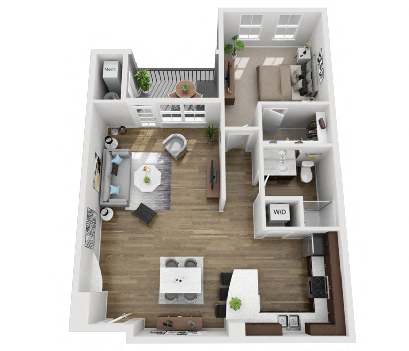 Floor plan for 1 bed, 1 bath, 748 sqft