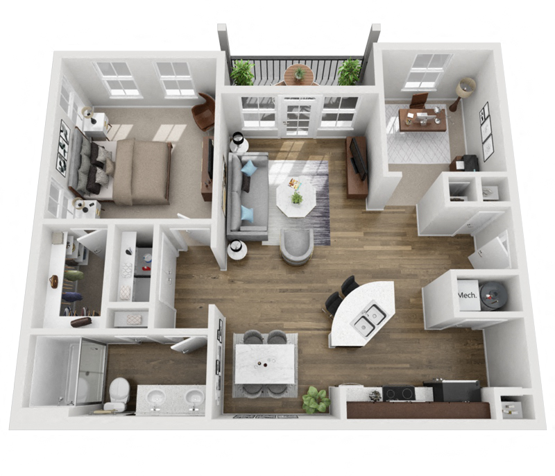Floor plan for 1 bed, 1 bath, 927 sqft