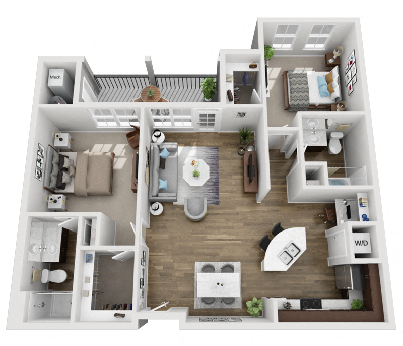 Floor plan for 2 beds, 2 baths, 1081 sqft