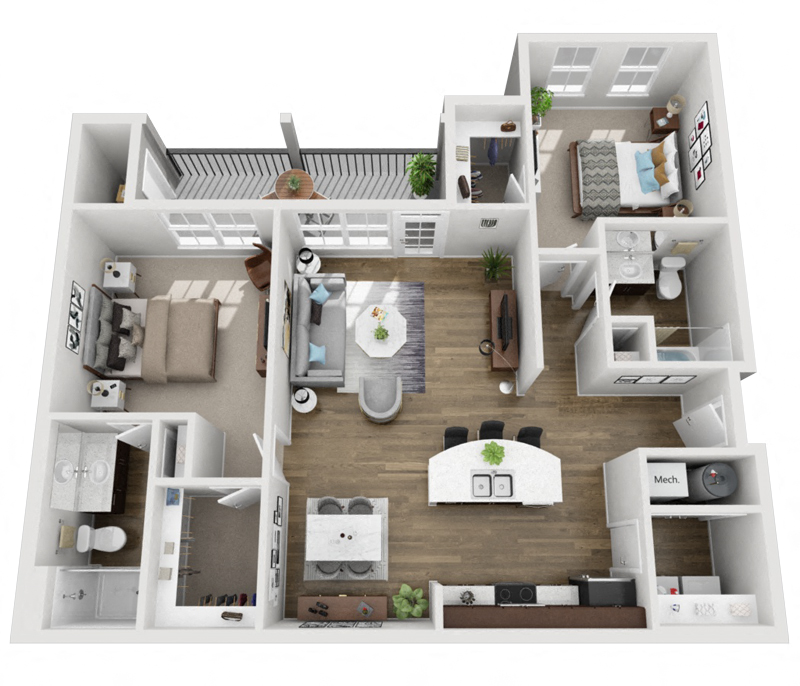 Floor plan for 2 beds, 2 baths, 1105 sqft