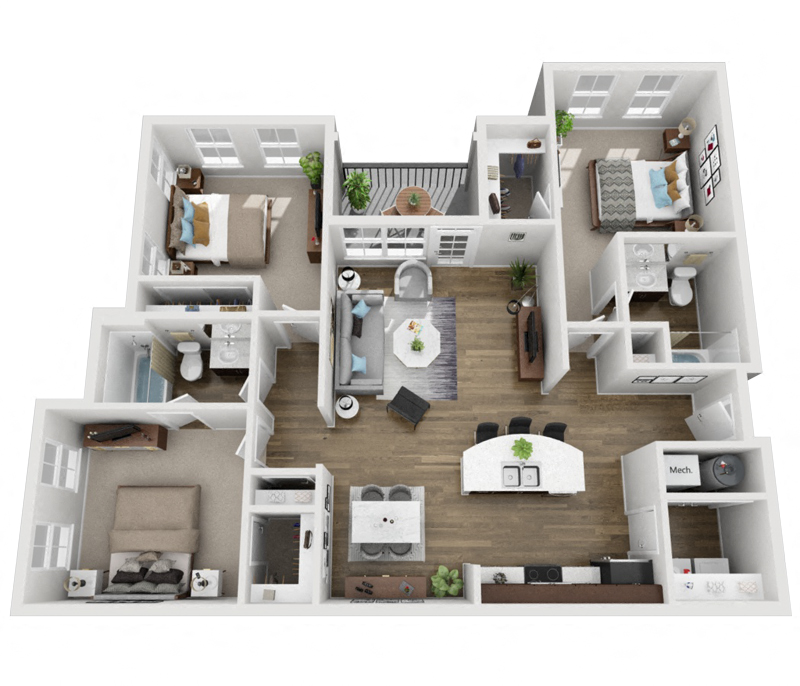 Floor plan for 3 beds, 2 baths, 1260 sqft