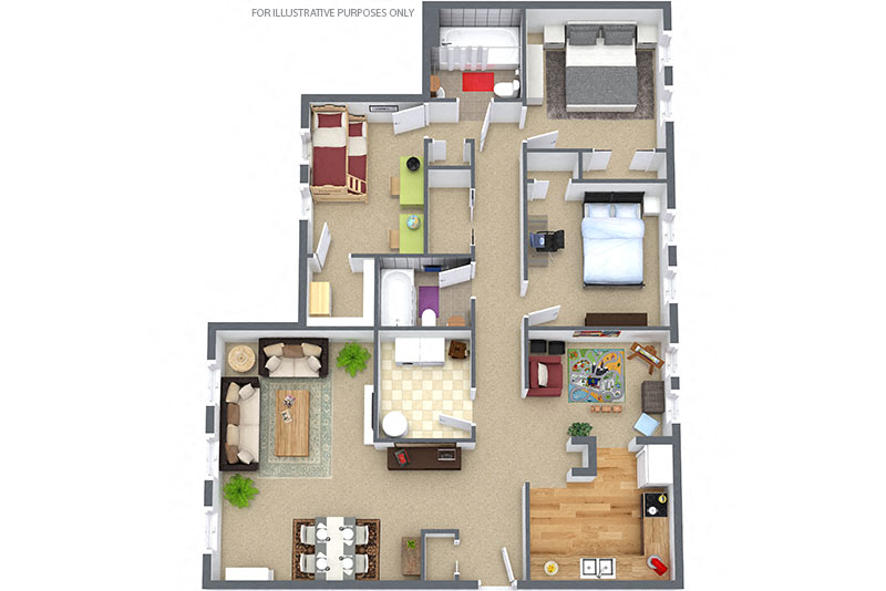 Floor plan for 3 beds, 2 baths, 1499 sqft