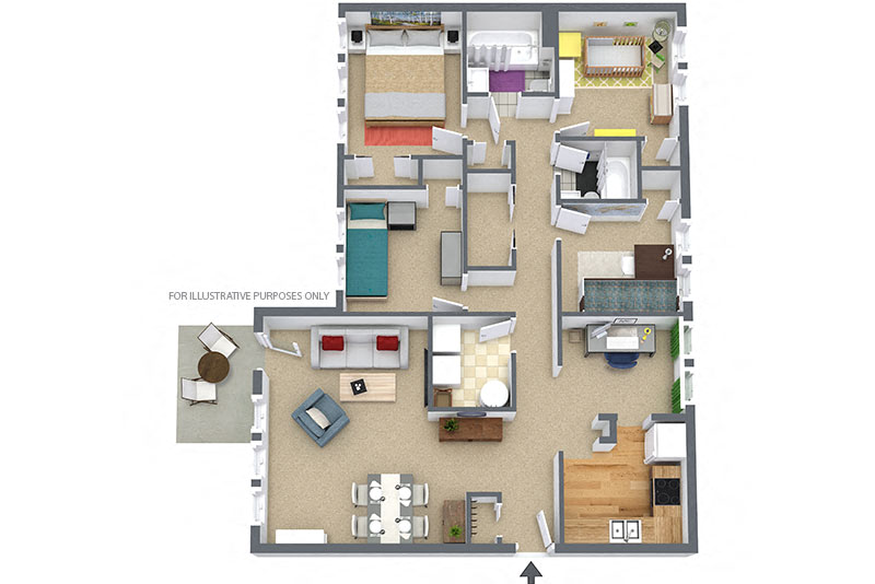 Floor plan for 4 beds, 2 baths, 1654 sqft