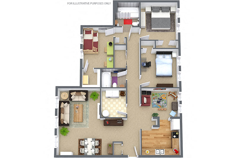 Floor plan for 3 beds, 2 baths, 1499 sqft