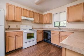 Gouverneur apartment for rent - a kitchen with wooden cabinets and white appliances