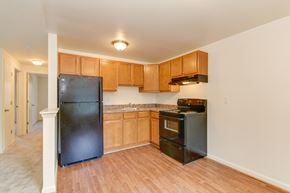 Norfolk apartment for rent - an empty kitchen with black appliances and wooden cabinets