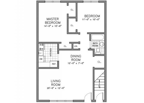Floor plan for 2 beds, 1 bath, 780 sqft