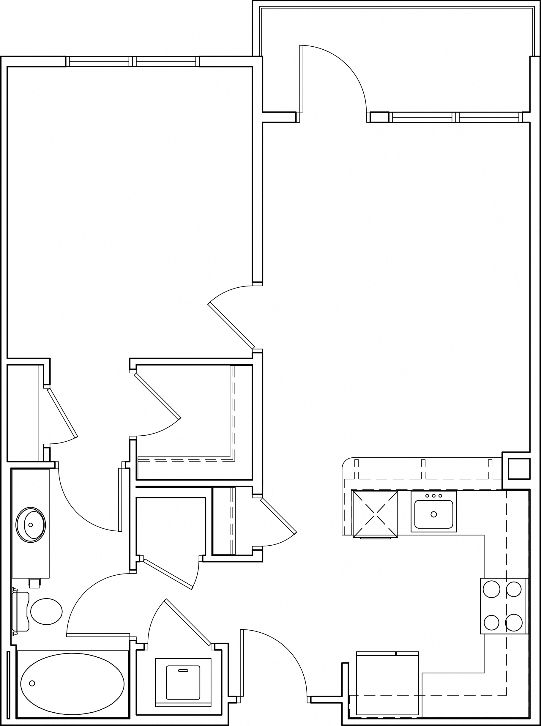 Floor plan for 1 bed, 1 bath, 690 sqft